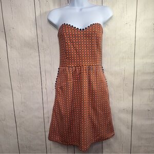 Judith March Strapless Orange Mini Dress Size L Geometric Mod Retro Pockets